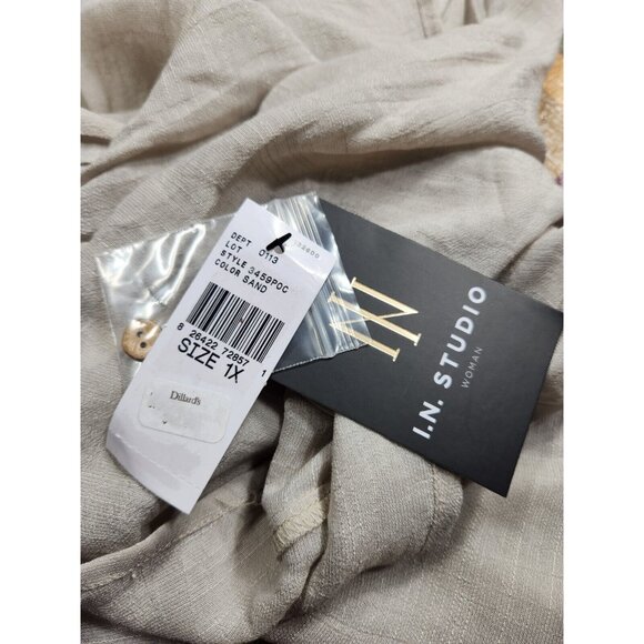 I.N. Studio Women's Top Blouse Size 1X Button Front Roll-Tab Sleeves Sand (24) - Picture 10 of 12